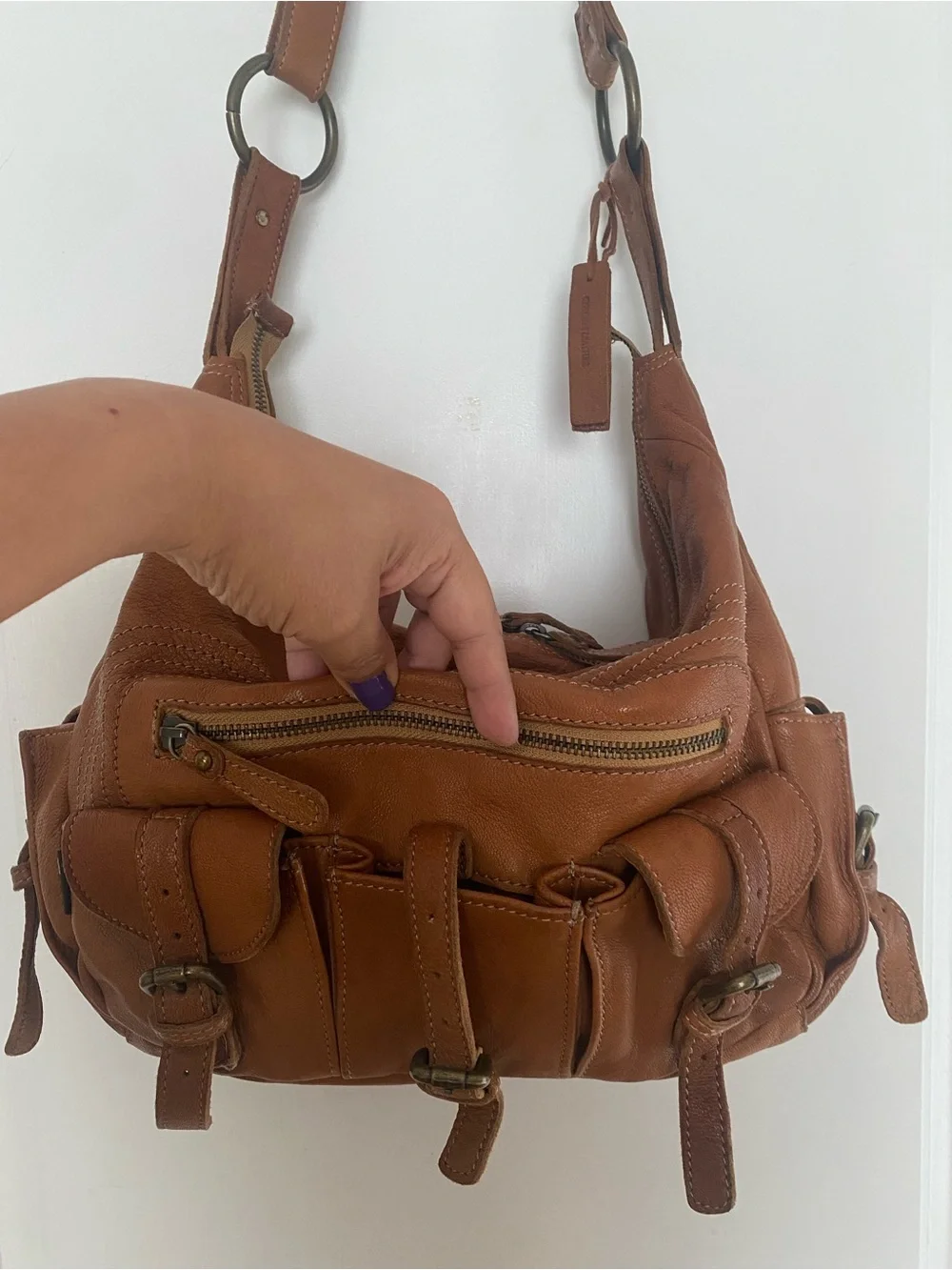 Tano Hobo Slouch Shoulder Bag Pebbled Leather In Cognac Hippie 70s Vintage Style